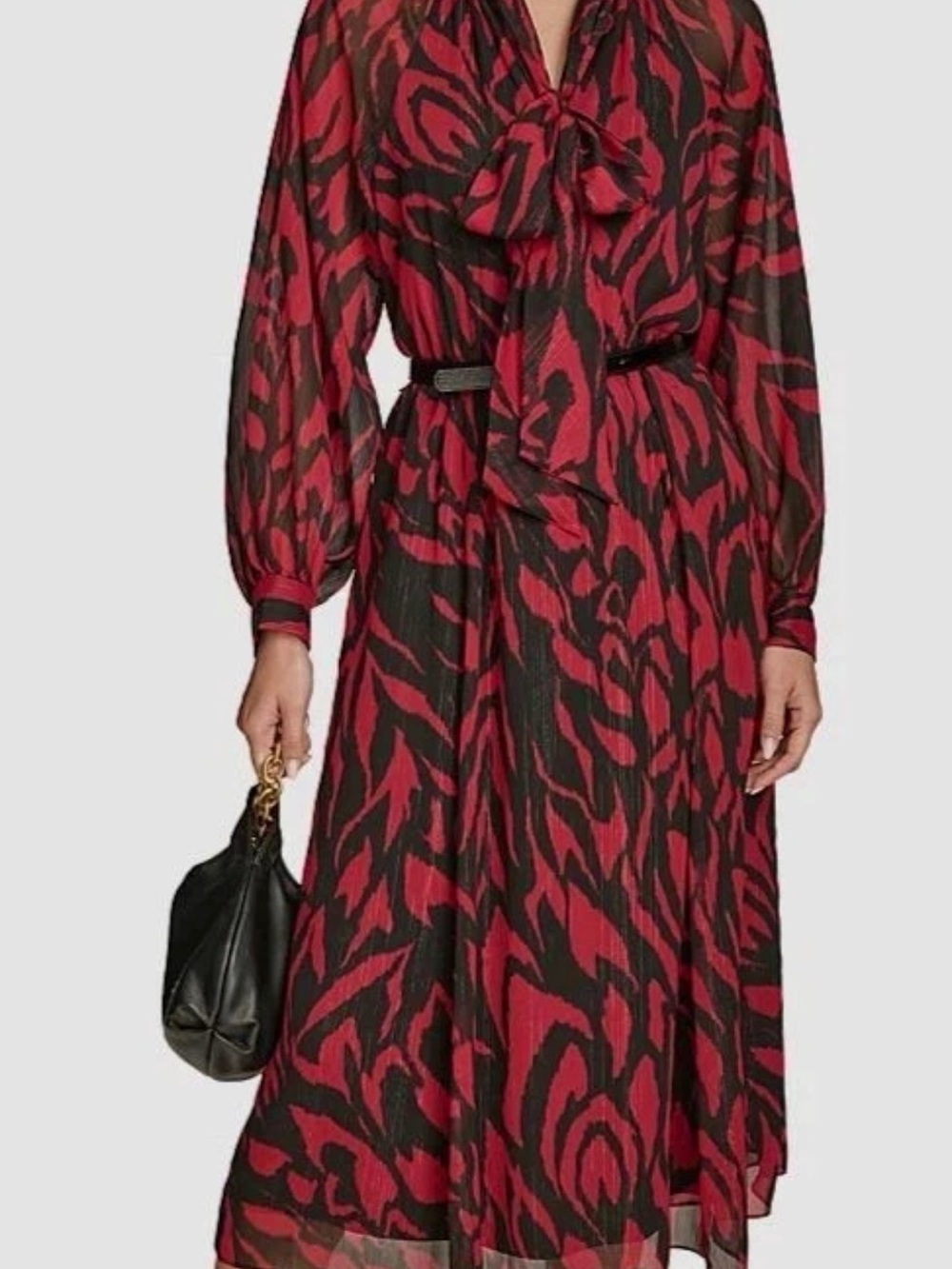 Donna Karan New York Dress 10 Red Black Zebra Metallic Shimmer Tie Neck Midi